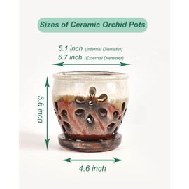 5 Inch Ceramic Orchid Pots with Holes and Saucers - 1 Pcs Small Ceramic Orchid Planter Pots for Repotting, Plant Garden Pots for Orchid Indoor and Outdoor Promotes Air Circulation, Brown Mixed