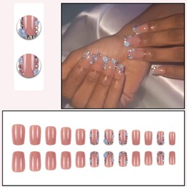 Gifiky 24Pcs Relief Daisy French Tip Press on Nails - Short Square False Nails with Acrylic Crystal Gem Design Design, Solid Color Fake Nails for Women,Reusable Glue on Nails Full Cover Tips