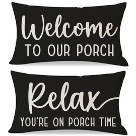 PANDICORN Decorative Throw Pillow Covers 12x20 Inch Set of 2 Welcome to Our Porch Relax on Porch Time Black White Outdoor Modern Farmhouse Patio Decorations Lumbar Cushion Cases for Sofa Couch Decor