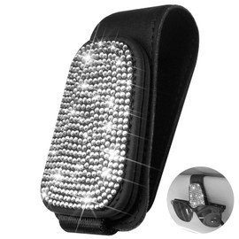 Yuchew Bling Sunglass Holder for Car Visor Magnetic Leather Sunglasses Visor Clip, Rhinestones Glasses Eyeglass Hanger Ticket Card Clip for Women Girls (Silver)