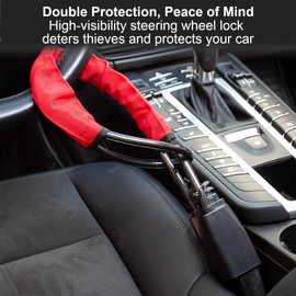Steering Wheel Lock, Anti-Theft High Visibility Car Cut Resistant, Universal Fit Steering Wheel to Seat Belt Lock for Cars, SUVs, Vans, Golf Carts, Trucks, 3 Keys, Red