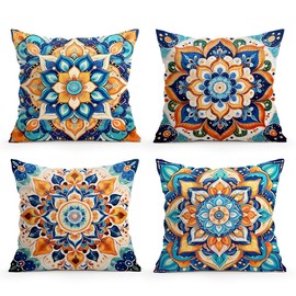 BEWQ Bohemian Mandala Floral Throw Pillow Covers, 18X18 inch Set of 4 Square Modern Outdoor Pillow Cases Decorative Cushion Covers, for Home Couch Sofa Car Decor