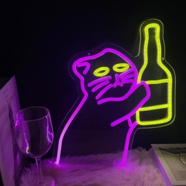 Neon Sign Cat Bottle Neon Sign Dimmable LED Light Pink Cat For Wall Decoration,Funny Bar Neon Signs for Kitchen Restaurant Shops Hotel Store Business Gift Christmas