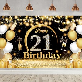 Happy 21st Birthday Party Banners,Birthday Party Decoration Extra Large Fabric Black Gold Sign Poster for Anniversary Photo Booth Backdrop Background Banner, 72.8 x 43.3 Inch