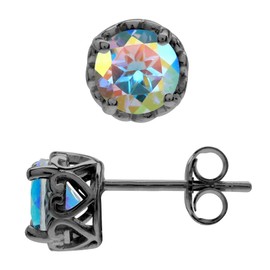Silvershake 2 CTW 6MM Round Shape Genuine Mercury Mist Aurora Borealis (AB) Topaz Black Rhodium Plated 925 Sterling Silver Heart Victorian Style Stud/Post Gemstone Earrings for Women