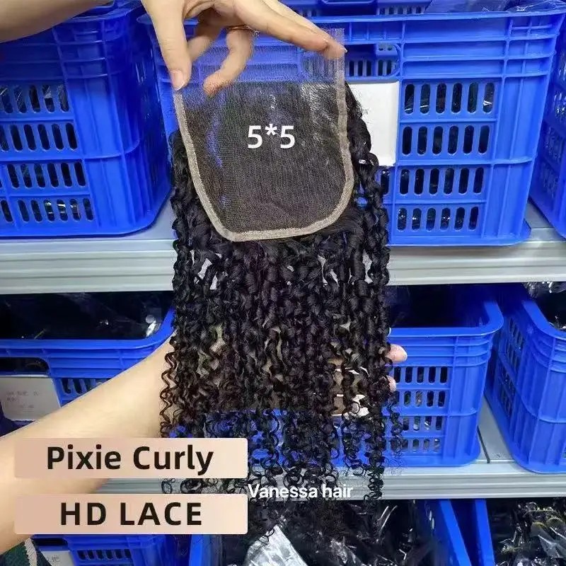 5x5 HD Lace Pixie Curly Closure 4x4 Invisible Bleached Knot
