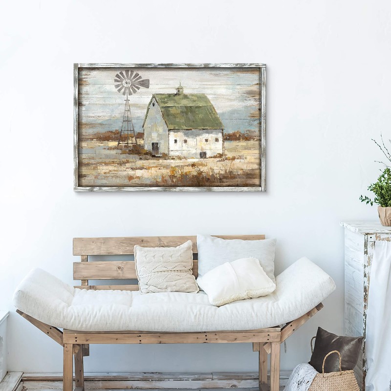 Farmhouse Wall Art Framed Picture: Living Room Rustic Country Scene