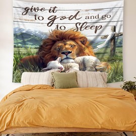 Homewelle Lion Lamb Bible Verse Tapestry Christian Religious Scripture Wall Art 59Wx51H Inch Rustic Rural Farmhouse Wood Board Cross Mountain Grass Wall Hanging Bedroom Living Room Dorm Decor Fabric
