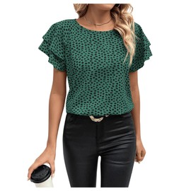 SOLY HUX Women's Ruffle Short Sleeve Blouse Casual Round Neck Tunic T Shirts Summer Shirts Tops Dark Green and Black