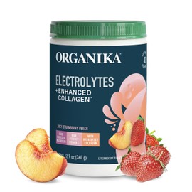 Organika Polvo de Electrolitos con Colágeno Hidrolizado Sabor Melocotón Fresa – 13 oz – Suplemento Alimenticio Sin Azúcar, Non-GMO, Libre de Gluten y Lácteos
