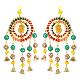 Set of 2 Ganesha Wall Door Hanging Colorful Jute Ring Chakri Pom Pom Torans with Metal Bells for Home Office Housewarming Indian traditional Festive Decoration Items Gifts (Multicolor)(Size:-13"X5")