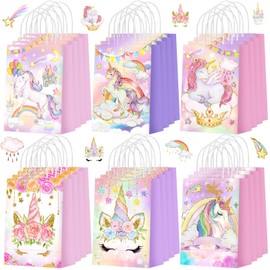 Kolldenn 24 Pcs Unicorn Party Favor Bags for Birthday Party Supplies Cute Unicorn Gift Goodie Paper Bags with Handles Rainbow Goody Treat Candy Pouch‌ for Girls Birthday Baby Shower Decorations