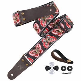 Nefelibata Guitar Strap, 2" Butterfly Embroidery Guitar Straps, Full Grain Leather Ends with Hidden Pocket, for Bass, Electric and Acoustic Guitars, Free Strap Button, Locks and Picks