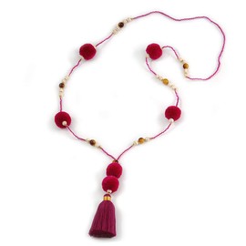 Avalaya Long Fuchsia/Purple Glass Bead Pom Pom Tassel Necklace/ 88cm L/ 10cm Tassel