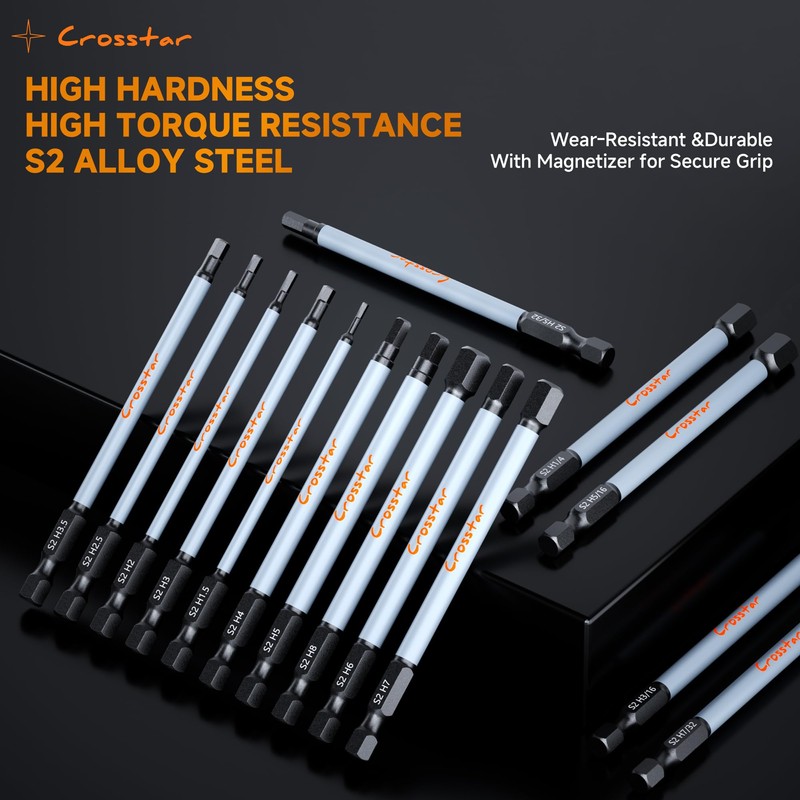 Crosstar 4" Long Hex Bit Set 20PCS (Metric & SAE)