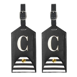 PATIKIL Luggage Tags 2 Pack PU Leather Embroidered Suitcase Tag Letter Travel Tag Privacy Protection Labels for Travel Baggage Suitcase, Black