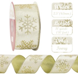 AIMUDI Ivory Christmas Velvet Ribbon Wired 2.5 Inch Glitter Snowflake Wired Ribbon for Wreaths Ivory and Gold Ribbon for Christmas Tree, Gift Wrapping, Garland, Holiday Crafts, Topper Bows - 10 Yards