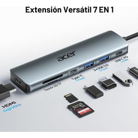 Acer USB C Hub, adaptador USB C a HDMI 7 en 1, divisor multipuerto con carga rápida PD100W, 5 Gbps, 2 puertos USB 3.0, puerto de datos tipo C, lector