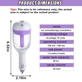 DUSCOKE Car Humidifier, Portable Mini Aromatherapy Essential Oil Diffuser, 180-Degree Rotation Cool Mist Humidifier, Vehicle Air Freshener Diffuser with 12V Charging Port for Home Office (Purple)
