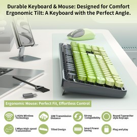 Wireless Keyboard and Mouse, MOFII 104 Round Keycaps Retro Typewriter with OTG & Brush, Full-Size Ergonomic, Ideal for Windows PC, Home, Office and College Gray Green