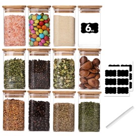 6oz Glass Spice Jars with Bamboo Lid and Label, 12 Pack Square Spice Bottles, Small Food Storage Containers for Kitchen, Clear Empty Seasoning Jar for Sugar, Salt, Coffee Bean, Herb, Borosilicate