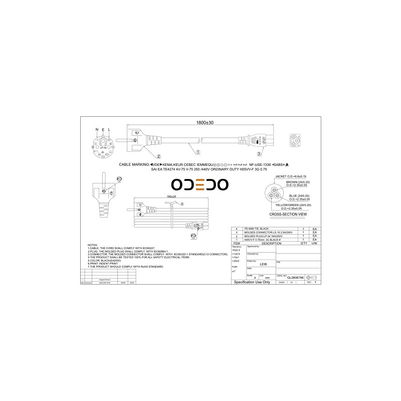 odedo Power Cable 1.8 m 3-Pin Power Cable Clover Leaf