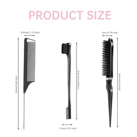 Slick Back Hair Brush Edge Brush, 6Pcs Teasing Comb Bristle Brushes, Bristle Hair Brush Edge Control Brush Teasing Comb,Hair Styling Comb Bristle Teasing Brush, Rat Tail Comb Dual Edge Brush, Black