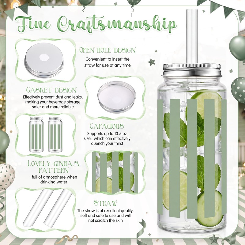 18 Pack Sage Green Striped Disposable Plastic Cups with Lids