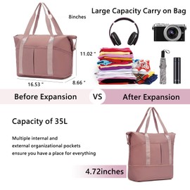 Foldable Travel Duffel Bag for Women, Waterproof Gym Tote Bag Sports Weekender Bag, Expandable Lightweight Carry On Tote Bags for Travel Sport (Pink)