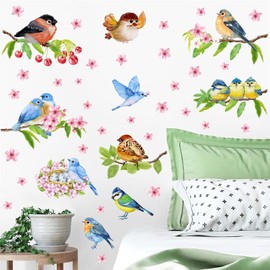 Spring Window Stickers Watercolor Birds Stickers Tree Branch Bird Window Stickers Baby Nursery Wall Decals Blossom Flower Decal for Living Room Kids Bedroom Home Decor