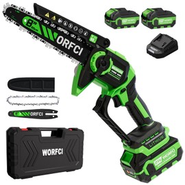 WORFCI 8-Inch Mini Chainsaw with 2Pcs Batteries&Charger, Brushless Cordless Chainsaws with Auto-Oiler, Electric Chain Saw Perfect Gardening Tools for Wood/Trees Pruning, Gifts for Men Women