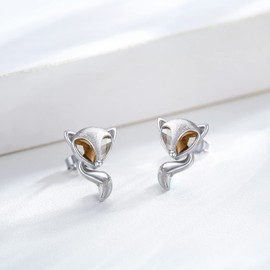 Fox Earrings 925 Sterling Silver Cute Animal Fox Stud Earrings with Crystal Hypoallergenic Small Brushed Fox Jewellery Gifts for Girls Kids Women 13mm, Sterling Silver