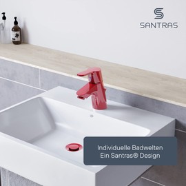 SANTRAS® Eccentric Drain Fitting Premium for Washbasin with Protection Against Overflow in Red - Complete Overflow Set with Drain Plug in 1 ¼ for Tap with Pop-Up Set
