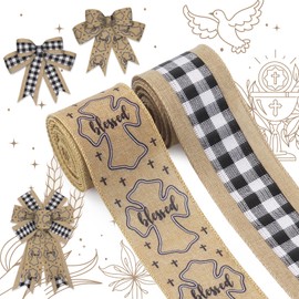 ALIBBON 2 Rolls 2.5" × 5 Yd Easter Ribbon Blessed Cross Ribbon Black White Buffalo Plaid Ribbon Easter Wired Ribbon for Spring Wreath DIY Crafting Gifts Wrapping Easter Christmas Party Decoration