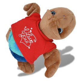 DolliBu I Love You Valentine Plush Blue Tie-Dye Brown Sea Turtle - Cute Stuffed Animal with Red Shirt and Name Personalization Gift for Valentines Day, Birthday, Anniversary, Romantic Date - 10 Inches