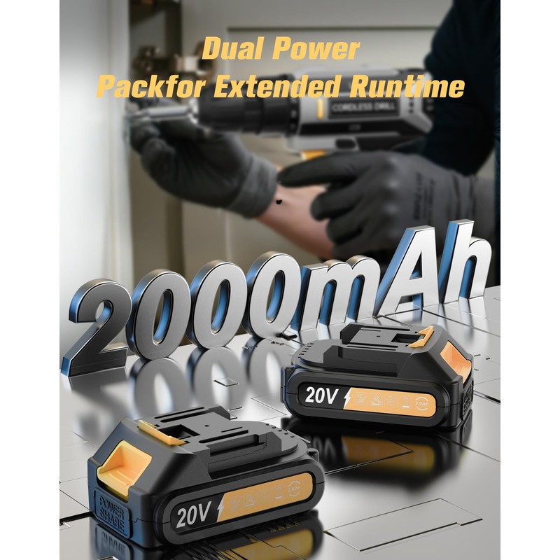 Cordless Drill, 20V MAX Power Drill Set with 2 Batteries
