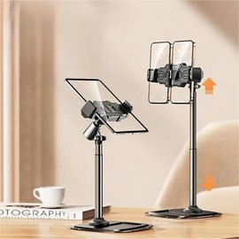 Angle Height Adjustable Phone Holder for Desk (9-15") Aluminum Alloy Desktop Cellphone Stand with Dual Mount System and Weighted Base 360° Rotation Retractable Cell Phone Holder for Recording Shooting