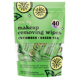 Pink Sky Makeup Remover Wipes for Face - Ultra Soft, Mini Makeup Wipes Individually Wrapped, Travel Makeup Wipes, Gently Cleanse & Remove, 40 Count (40 Wipes, CUCUMBER & GREEN TEA)
