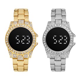JewelryWe Fully-Jewelled Rhinestone Bling Watch for Men Women Touchscreen LED Display Dial Business Casual Dress Wristwatches