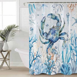 Anzona Blue Crab Coastal Waterproof Shower Curtains Set - Standard 66 x 72 Inch, Ocean Life Nautical Coral Polyester Fabric Bathroom Curtain with 12 Hooks, Bathroom Accessories, 1 Panel
