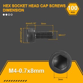 DTGN M4-0.7x8 Socket Head Cap Screws Bolts - 100Pack - Good for Road Bicycle, Mountain Bike, Auto, Motorcycle - Carbon Steel Hex Head Metric Screws, Black
