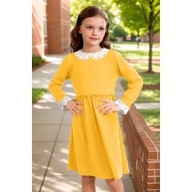 BesserBay Little Girls Peter Pan Collar Elastic Lace Cuffs Long Sleeve Yellow Flare Midi Dress 4 Years