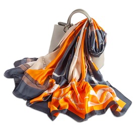 LumiSyne Silk Scarf Women's Warm Soft Silk Scarf Autumn Winter Retro Printed Scarf Coloured Stripes Floral Pattern Long Neckerchiefs Sun Protection Stole All Year Round, Chain/Khaki Orange