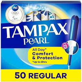 Tampax Pearl Tampons for Women, with LeakGuard Braid, Regular Absorbency, Unscented, 50 Count