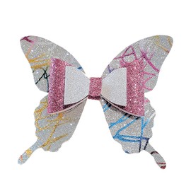 Glitter Butterfly Silver & Pink Hair Bow Barrette - Faux Leather - 4 1/2 inches long