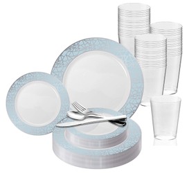 Elegant Disposable Plastic Dinnerware Set for 60 Guests - Fancy White with Blue & Silver Dinner Plates, Holiday Plates, Silverware Set & Holiday Plastic Cups, Disposable Plates