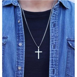 Fashion Jewelry MINIMALIST BLESS FAITH JESUS CROSS 1 1/2" LARGE Pendant 24" 925 Silver Necklace