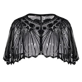 Costume Bay 1920s Retro Shawl Vintage Boutique Beaded Sequin Flapper Deco Evening Party Cape Womens Party Costume (Black, ONE)