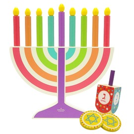 Mini Hanukkah Children Wooden Chanukah Menorah Multicolor with Removable Candles (Single)