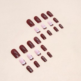 Red Press on Nails French Tip Fake Nails,Christmas Press on Nails Medium Square False Nails Glossy Glitter Glue on Nails Cute Xmas Stick on Nails Santa's Hat Winter Acrylic Nails for Women Girls,24Pcs